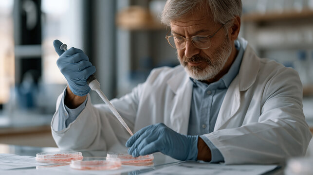 Research gerontologist pipetting a fluorescent telomere probe solution onto aged fibroblast cultures, telomere shortening assay underway in a university aging biology lab, longevity research grant d