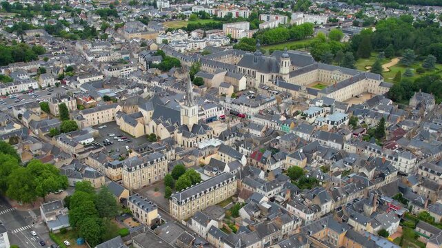  Aerial view beside the old town above the city La Fl&egrave;che in France, on a cloudy noon in early summer.