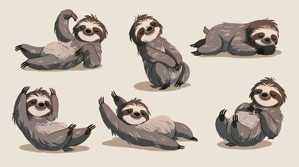 Fototapeta premium Sloths show different poses in a simple drawing.