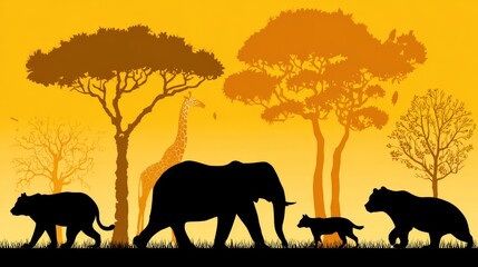 Fototapeta premium African Savannah Wildlife Silhouette at Sunset with Elephants and Giraffes.