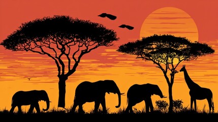 Fototapeta premium African Savannah Sunset Silhouette with Elephants and Giraffe.