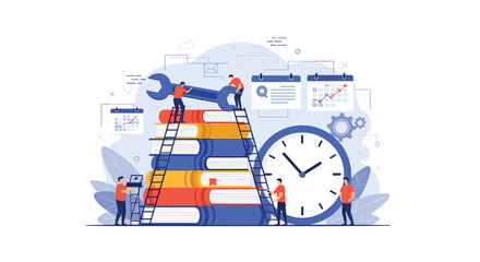 Naklejka premium Maintenance team working on a stack of books and a large clock to represent effective time management and study.