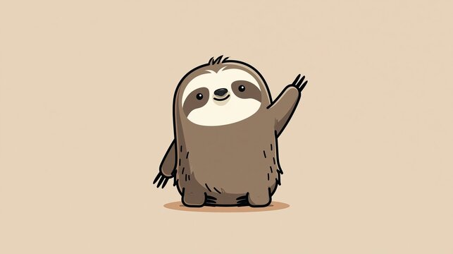 Cute cartoon sloth waves hello. This simple, flat design shows the sloth isolated.