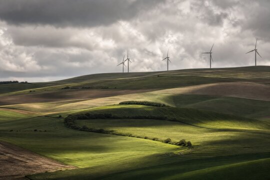 Wind farm over green fields and rolling hills