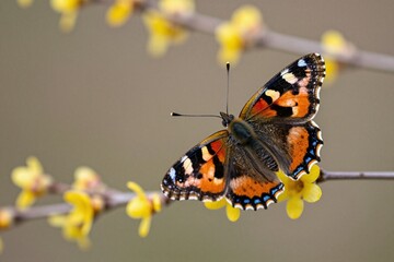 Naklejka premium A small tortoiseshell butterfly sitting on a branch of a tree