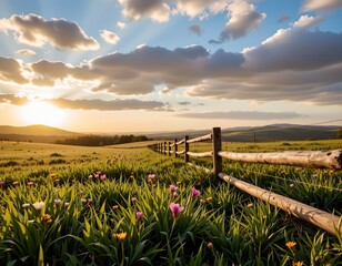 Fototapeta premium Serene Countryside Scene with Rustic Fence and Golden Hour Light