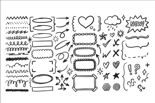 Hand drawn doodles set with borders arrows frames and decorative elements decoration collection illustration scribble brackets question exclamation creative planning journaling abstract