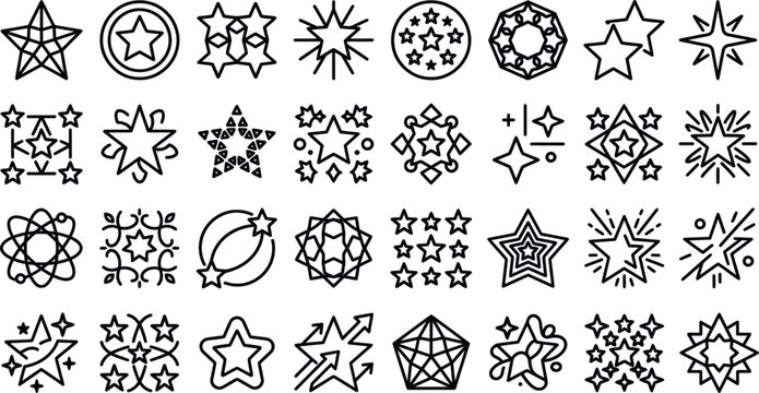 Collection of various star and snowflake icons in line art style