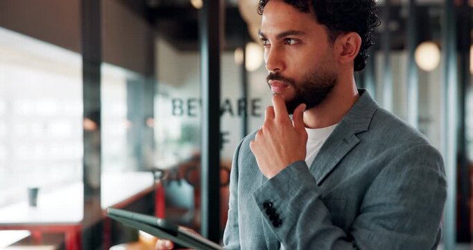 Business man, tablet and scroll in cafe, property developer and online plan for restaurant renovation vision. Thinking, real estate investor and review ideas for digital blueprint, bistro and remodel
