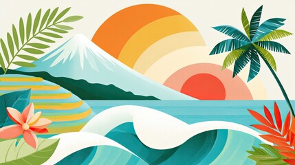 Obraz premium Stock illustration of tropical Indonesian travel poster featuring a mountain, ocean waves, palm trees, and vibrant sun with colorful sunset background