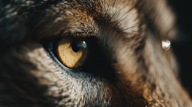 Close up of a wolfs intense yellow eye and fur.