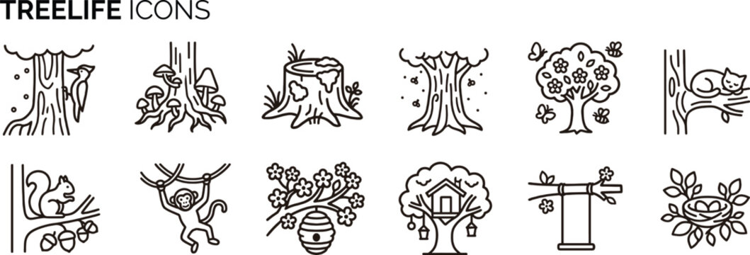 Tree Life Outline Icon Set with Woodpecker Squirrel Monkey Cat Nest Beehive Treehouse and Forest Nature Elements