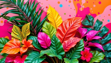 Fototapeta premium Vibrant Tropical Foliage Amid Colorful Abstract