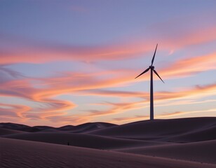 Obraz premium Serene Sunrise with Solitary Wind Turbine Over Dunes