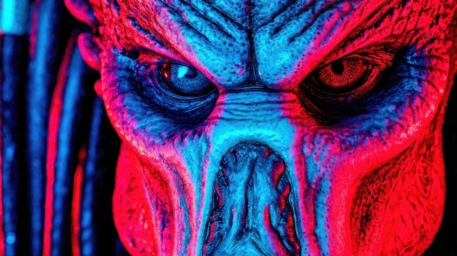 Close-up of a fearsome alien predators face with glowing red and blue lights.
