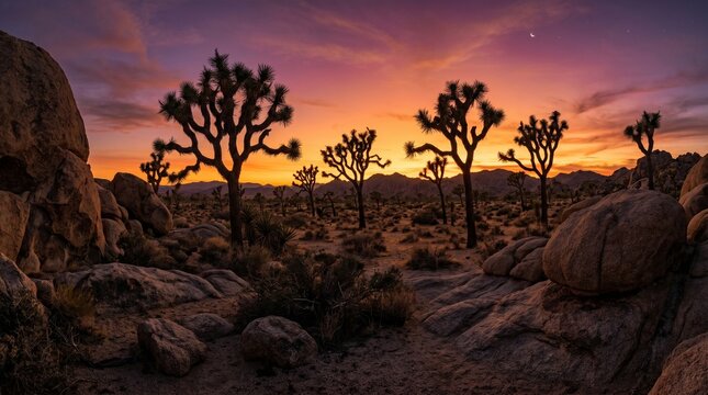Majestic sunset paints the sky in vibrant hues over a Joshua Tree forest, showcasing unique desert flora in a photorealistic landscape, AIzaSyDDgoxrPgSbFCIAhSC8h0DcHjQgnK4Y0b8