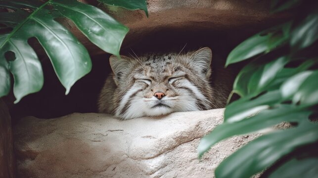 Close-up of a Pallass Cat with Eyes Closed Amidst Lush Greenery.