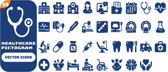 Medical and healthcare icon set featuring hospital services, telemedicine, diagnostics, laboratory research, dental care, pharmacy, emergency ambulance, and wellness symbols. © Sharea