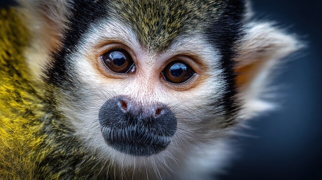 Close-up portrait of a curious squirrel monkey with expressive eyes.
