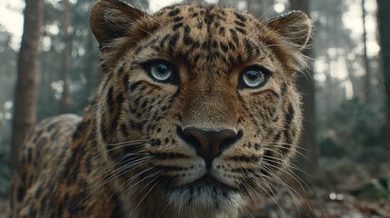 Fototapeta premium Close-up Portrait of a Majestic Leopard with Striking Blue Eyes in a Lush Forest Setting.