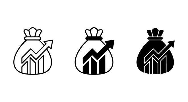 Money Bag Icons with Upward Growth Chart, Financial Success Vector Set, Business Profit Increase Symbols
