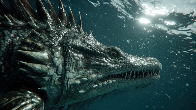 Close-up underwater view of a fearsome crocodiles head with sharp teeth.