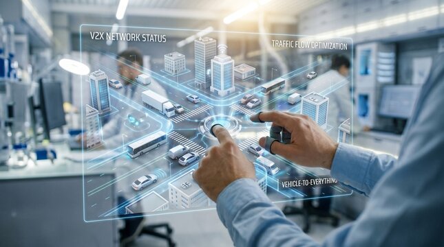 Engineer Using Holographic Interface for Smart City V2X Traffic Management