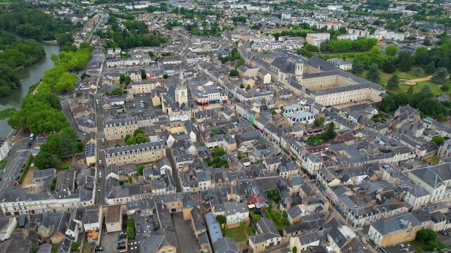  Aerial view beside the old town above the city La Fl&egrave;che in France, on a cloudy noon in early summer.