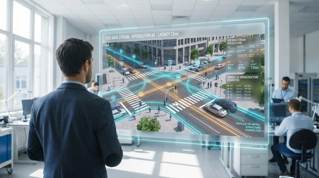 Engineer Monitoring V2X Connected Traffic System on Digital Display in Office