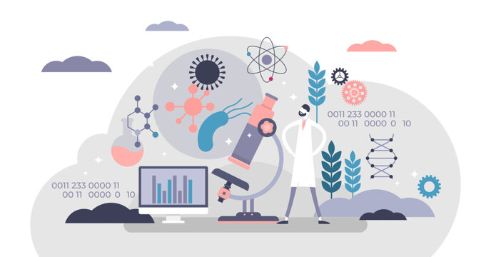 Synthetic biology concept, flat tiny persons illustration, transparent background.Natural technology innovation in genetic material development.