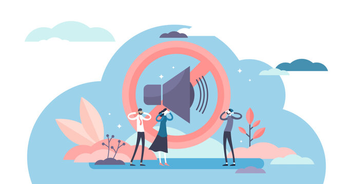 Stop noise sign concept, flat tiny person illustration, transparent background. Sound symbol and people protesting. Loud urban environment and noisy neighbors social issues.