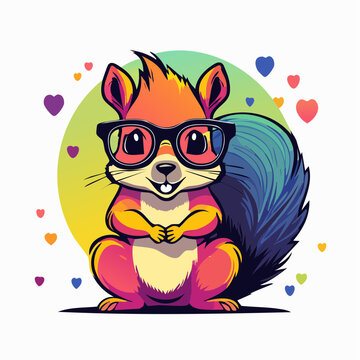 Cute Squirrel Wearing Glasses with Colorful Hearts