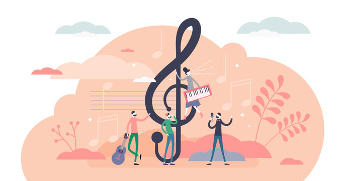 Treble clef illustration, transparent background. Music key symbol in flat tiny person concept. Musical elements - notes, instruments, compositors and performers collection.