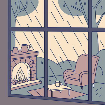 Cozy living room with fireplace and armchair on a rainy day rest stop way station pit stop well being fireplace armchair interior relaxation illustration television entertainment sanctuary