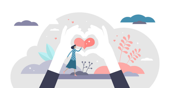 Love shape fingers sign, flat tiny person illustration, transparent background.Modern charity and volunteering activity concept.Social support and awareness campaign.