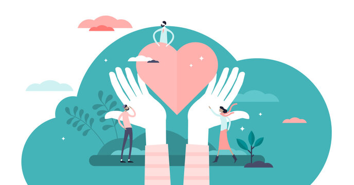 Love heart symbol with holding hands, flat tiny person illustration, transparent background. Charity and volunteering activity concept. Social support and awareness campaign.
