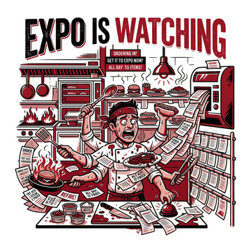 Humorous vector typographic design featuring the phrase "Expo Is Watching" in a bold, clean layout. Perfect for restaurant staff, line cooks, sous chefs, and culinary workers who understand the high