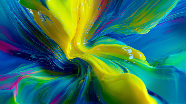 Dynamic acid abstract fluid artwork with bright yellow, neon green and electric blue vortex, liquid glass effects, cyber neon glow, left copy space for tech event or Gen Z festival poster design.