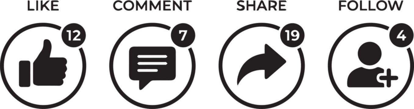 Social media engagement buttons with notification counters for online interaction engagement notification interaction internet platform marketing