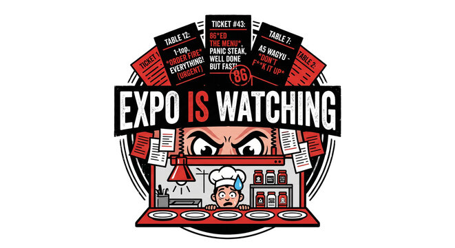 Humorous vector typographic design featuring the phrase "Expo Is Watching" in a bold, clean layout. Perfect for restaurant staff, line cooks, sous chefs, and culinary workers who understand the high