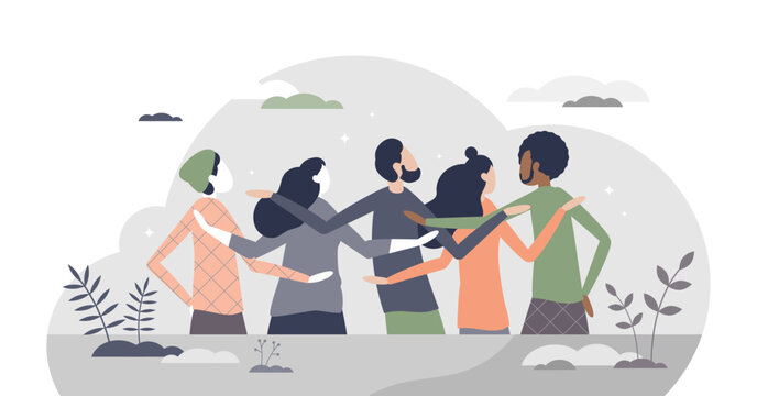 Friends back view as behind or rear look to team members tiny person concept, transparent background. Meeting with social group or holding hands, hoping along scene illustration.