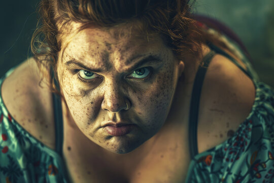 angry fat woman with obesity ,unhealthy living concept.