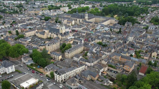  Aerial view beside the old town above the city La Fl&egrave;che in France, on a cloudy noon in early summer.