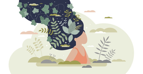 Mental wellbeing as spiritual, healthy and creative mind tiny person concept, transparent background. Artistic world or thoughts with inner peace and harmony care illustration. © VectorMine