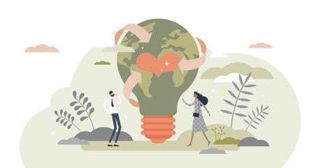 Obraz premium Sustainability in alternative resource electricity supply tiny person concept, transparent background. Power production using renewable, green, safe and long term source illustration.
