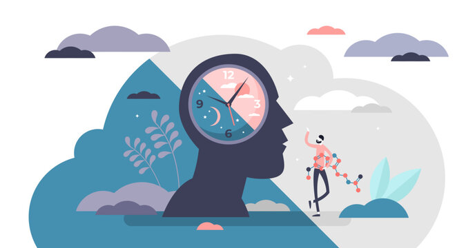 Circadian rhythm concept, tiny person illustration, transparent background. Day and night cycle scheme. Daily human body inner regulation schedule. Natural sleep-wake biological process.