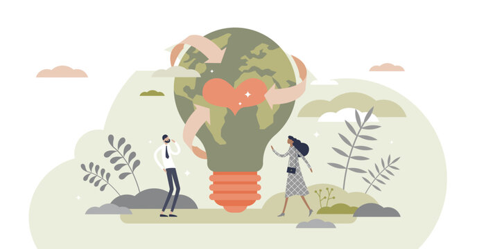 Sustainability in alternative resource electricity supply tiny person concept, transparent background. Power production using renewable, green, safe and long term source illustration.