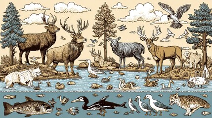 Obraz premium Diverse Wildlife Collection Featuring Forest and Aquatic Animals in Natural Habitat.