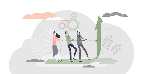 Obraz premium Teamwork performance effort for reaching best results tiny person concept, transparent background. Pushing limits for huge progress development illustration.