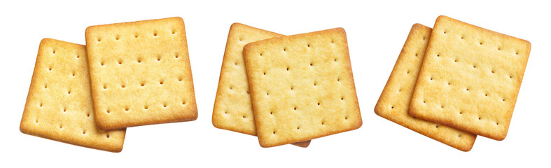Fototapeta premium Set of delicious square crackers, isolated on cutout transparent background
